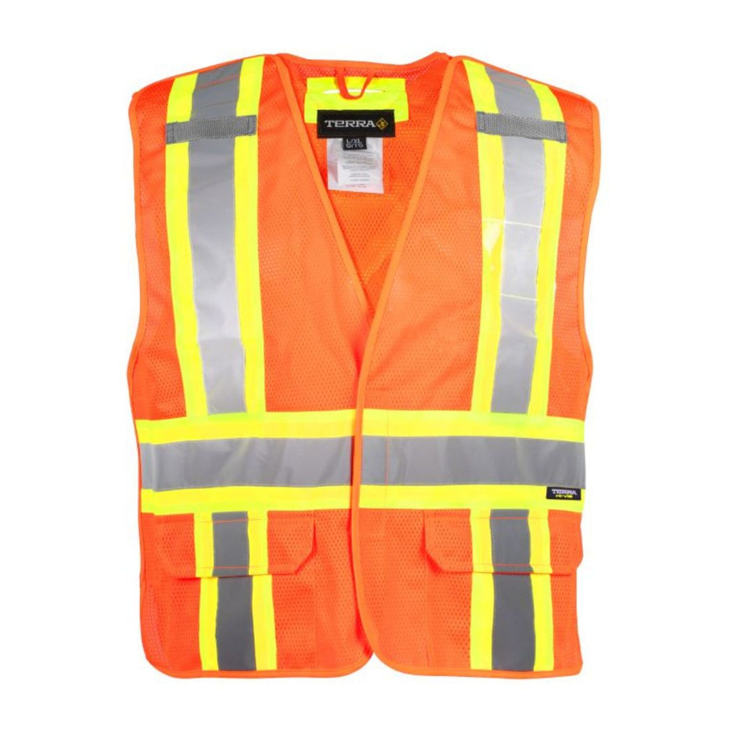 Gilet de sécurité orange avec bandes réfléchissantes grises, en matériau en maille, sans manches, idéal pour la visibilité.