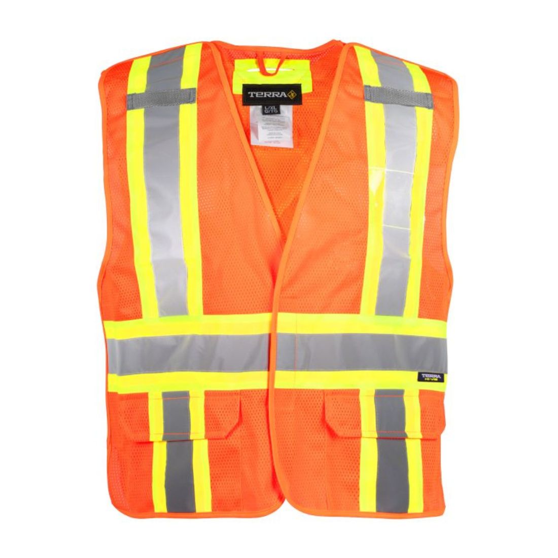 Gilet de sécurité orange avec bandes réfléchissantes grises, en matériau en maille, sans manches, idéal pour la visibilité.