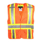Gilet de sécurité orange avec bandes réfléchissantes grises, en matériau en maille, sans manches, idéal pour la visibilité.