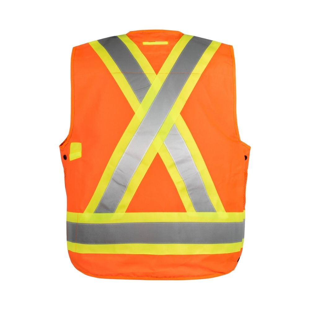Veste de sécurité orange avec bandes réfléchissantes jaunes en forme de X au dos.