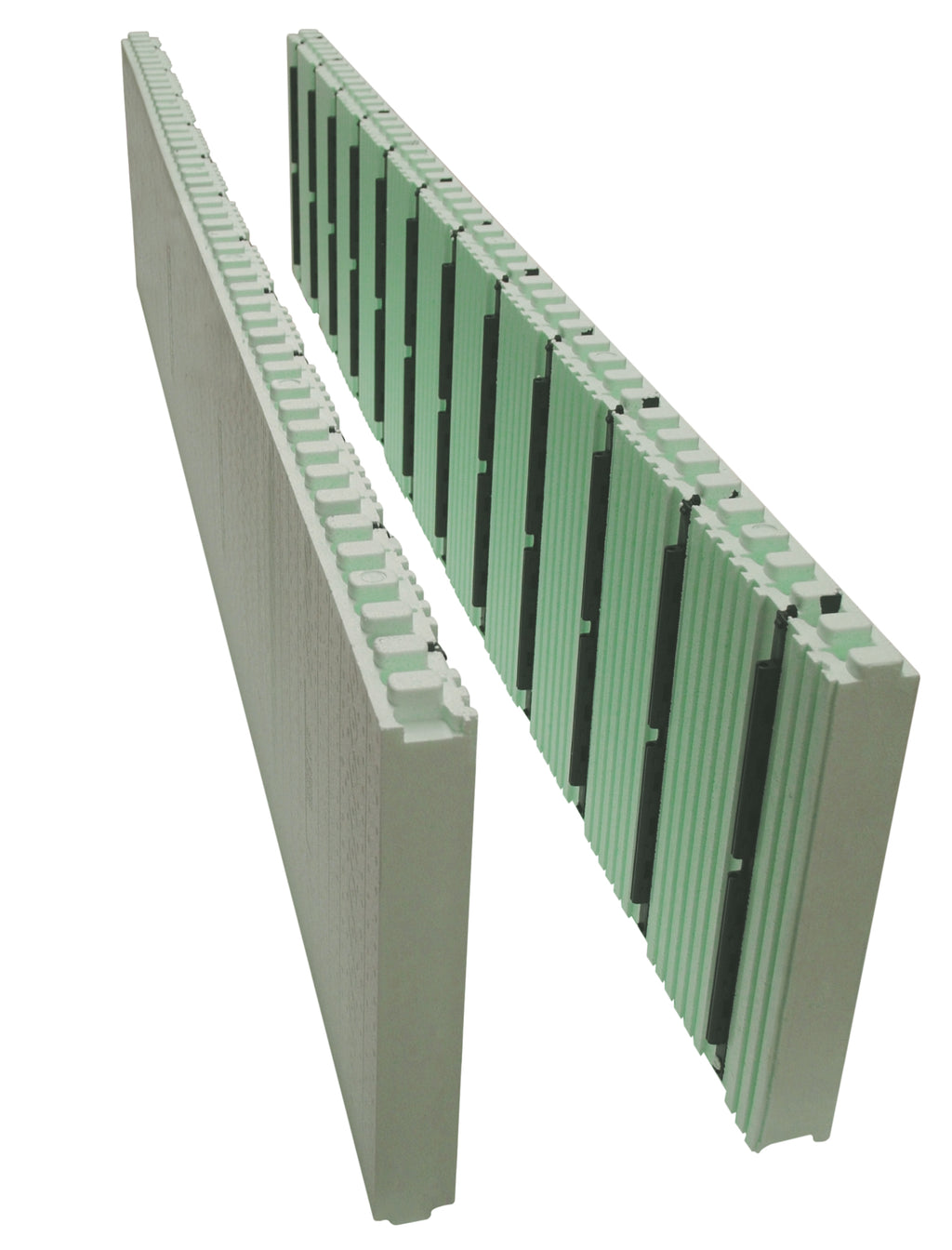 Panneaux de construction en béton léger, avec rainures et languettes, montrant une texture lisse et des couleurs gris et vert.