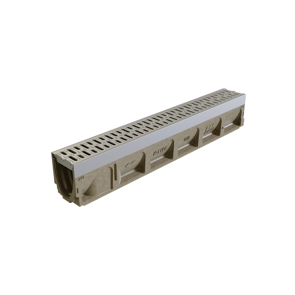 Caniveau en béton avec grille en métal, conçu pour le drainage, de couleur beige et argentée, longueur d'environ un mètre.