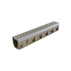 Caniveau en béton avec grille en métal, conçu pour le drainage, de couleur beige et argentée, longueur d'environ un mètre.