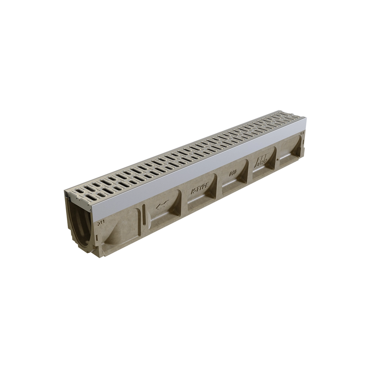 Caniveau en béton avec grille en métal, conçu pour le drainage, de couleur beige et argentée, longueur d'environ un mètre.