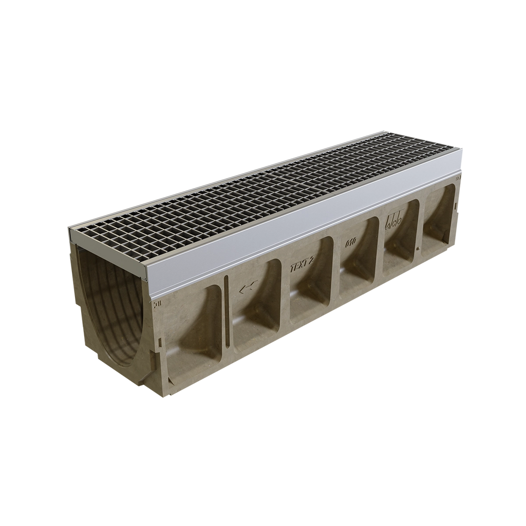 Caniveau en béton avec grille en métal, conçu pour le drainage, couleur beige et argentée, longueur standard.