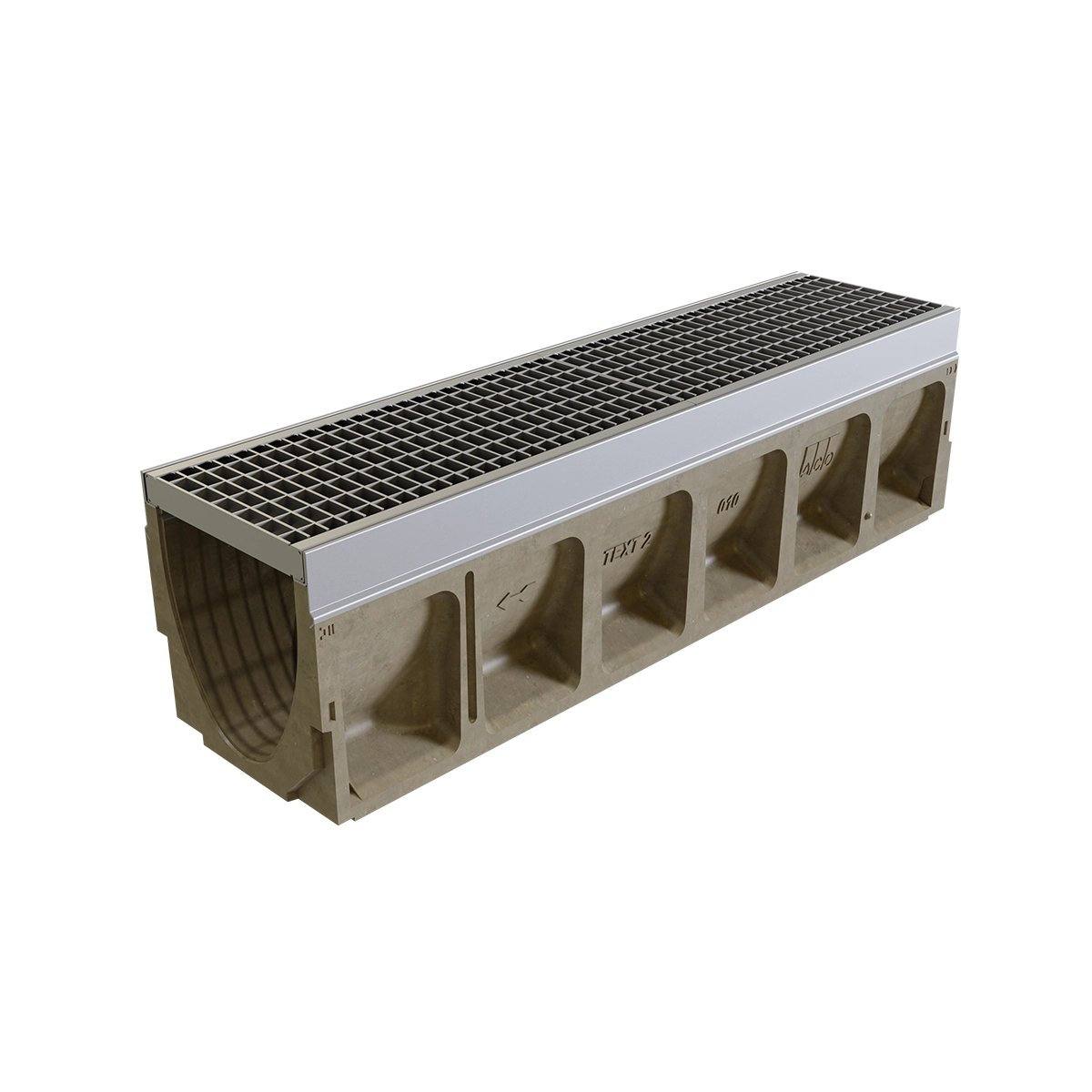 Caniveau en béton avec grille en métal, conçu pour le drainage, couleur beige et argentée, longueur standard.