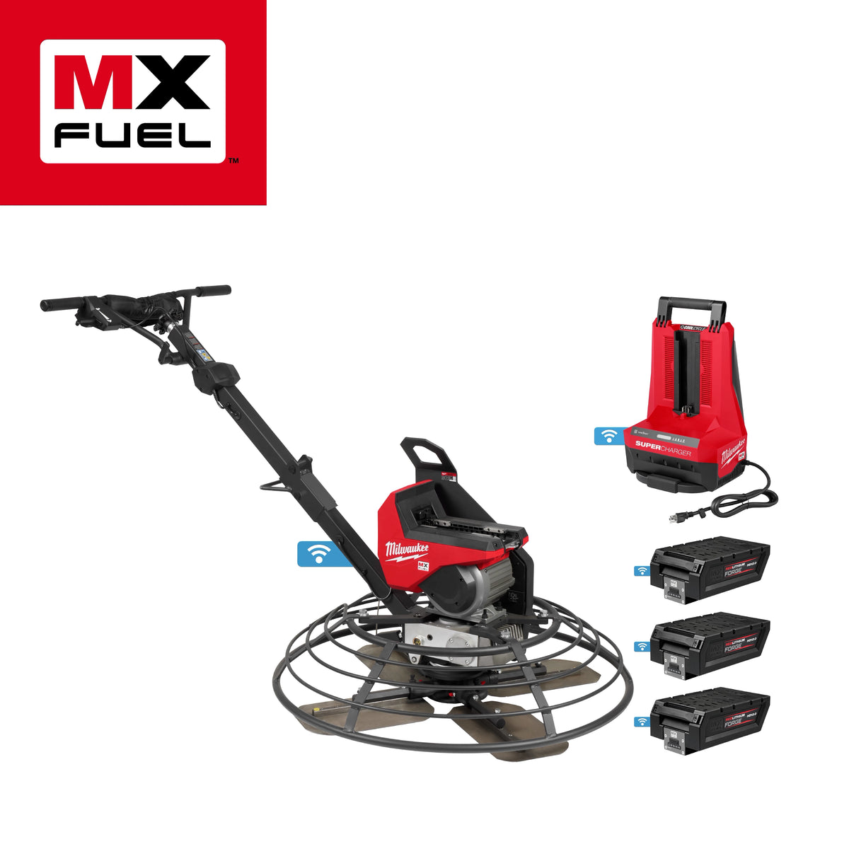 Talochageur à béton Milwaukee MX Fuel avec batterie et chargeur, cadre circulaire, couleur rouge et noir.