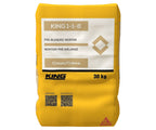 Sac de mortier pré-mélangé KING 1-1-6 de 30 kg, couleur crème, avec étiquette et code QR.