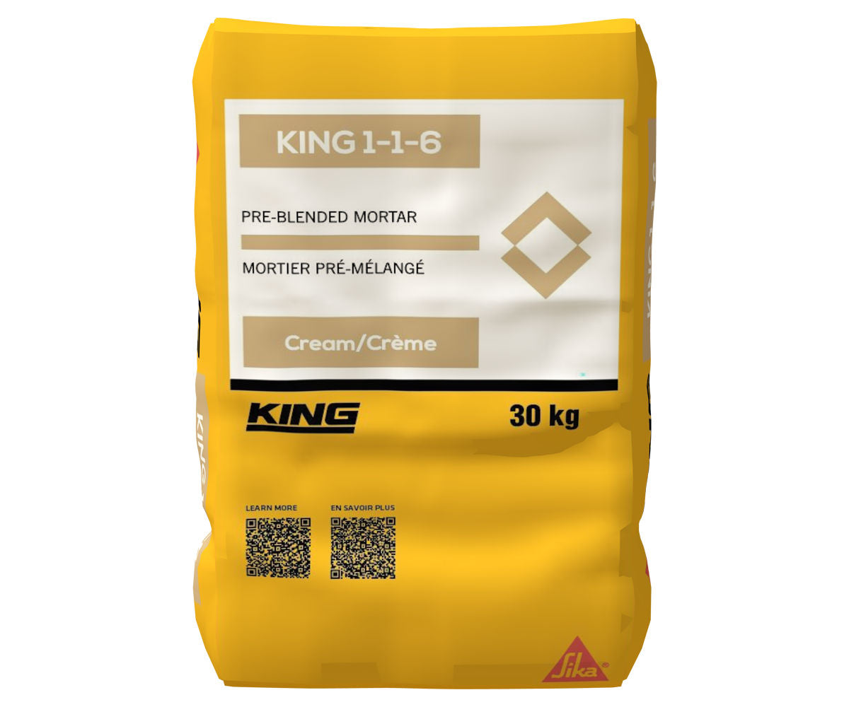 Sac de mortier pré-mélangé KING 1-1-6 de 30 kg, couleur crème, avec étiquette et code QR.