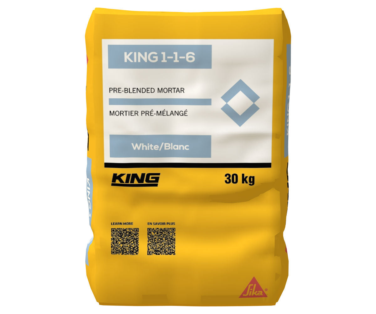 Sac de mortier pré-mélangé KING 1-1-6 de 30 kg, couleur blanche, avec étiquette indiquant les instructions et le logo KING.