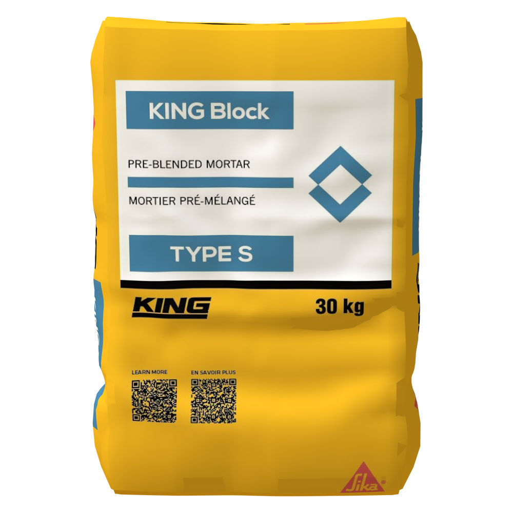 Sac de mortier pré-mélangé KING Block de 30 kg, conçu pour la pose de maçonnerie, couleur grise.