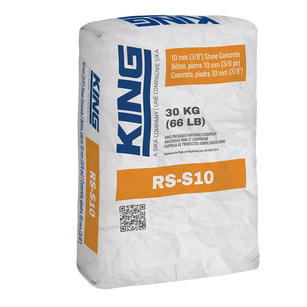 Sac de béton de 30 kg (66 lb) avec étiquette RS-S10, couleur blanche et orange, affichant des informations sur le produit.