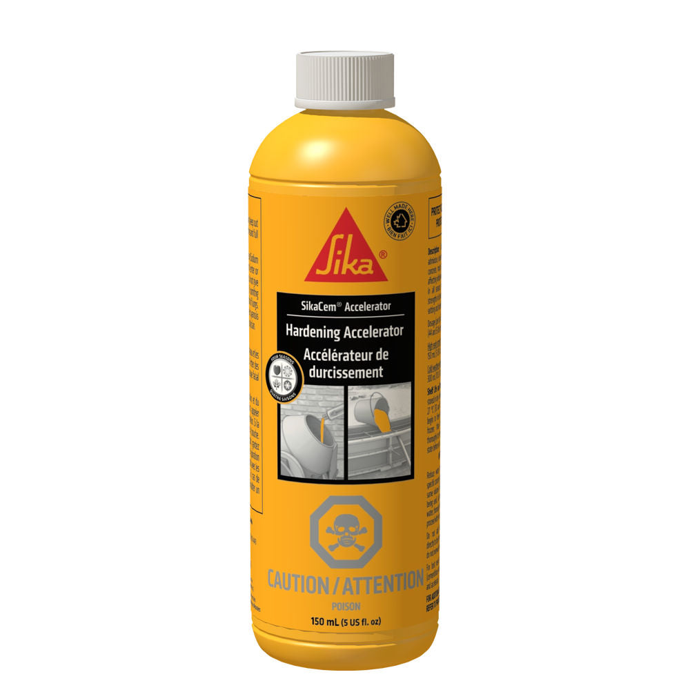 Flacon de 150 ml d'accélérateur de durcissement SikaCem, couleur jaune, avec étiquette en français et pictogrammes de sécurité.