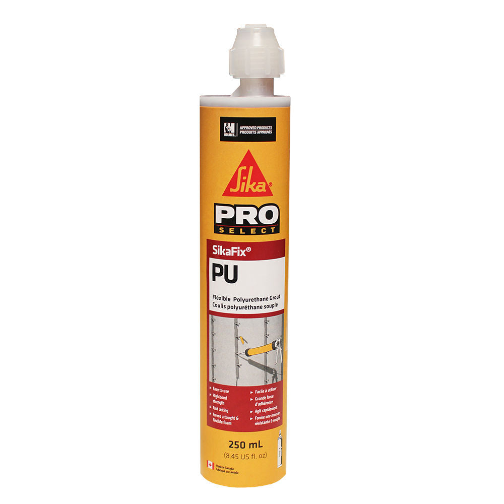 Coulis polyuréthane SikaFix® PU de 250 ml, tube jaune avec bouchon, étiquette en français et anglais.