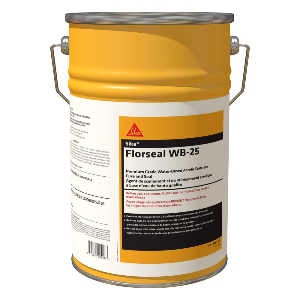 Sika® Florseal WB sealing and curing agent, 18 L bucket, water-based acrylic emulsion.