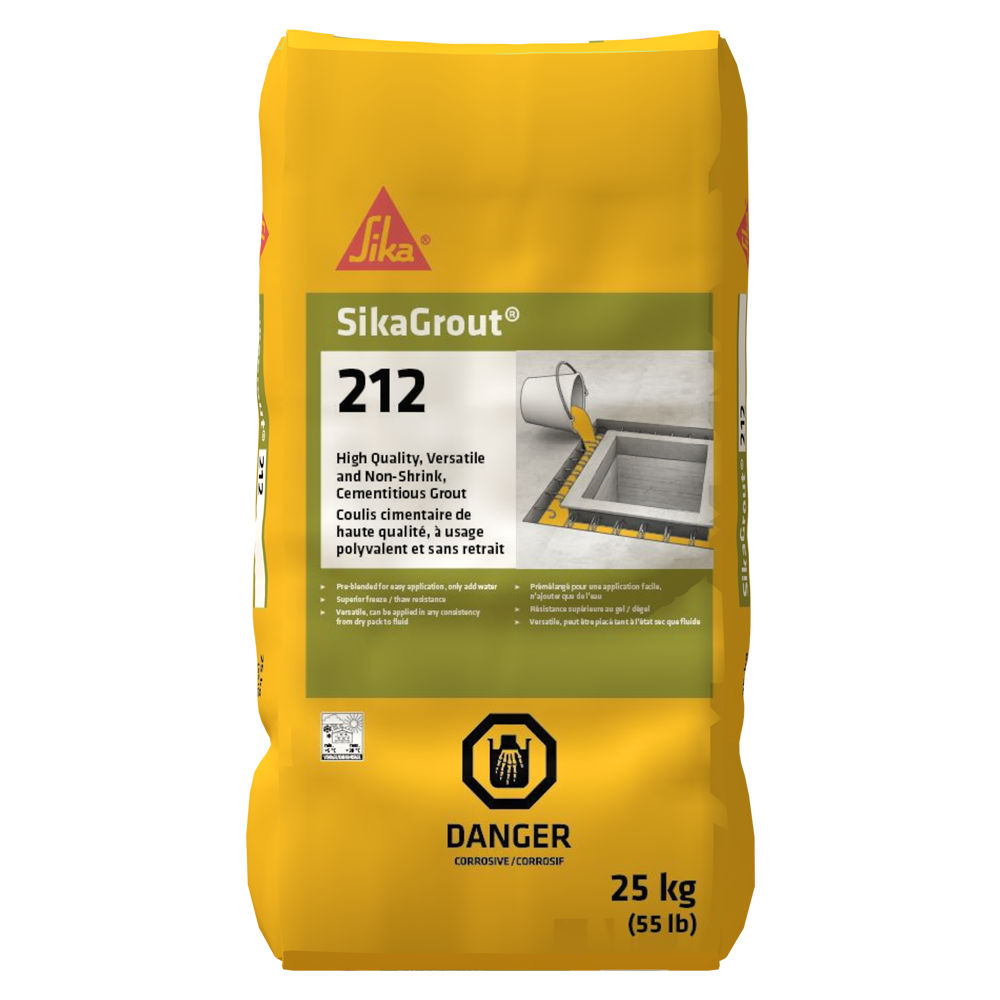 Sac de coulis SikaGrout 212 de 25 kg, couleur jaune, avec une illustration d'application sur le devant.