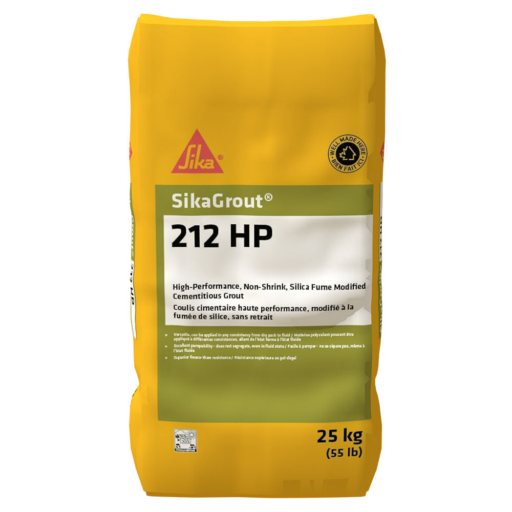 25 kg SikaGrout 212 HP grout bag, yellow color, green label with product information.