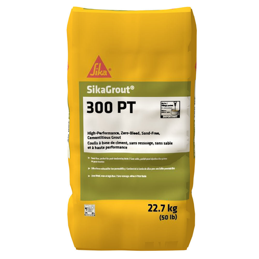 Sac de ciment SikaGrout 300 PT de 22,7 kg, couleur jaune, avec étiquette détaillant les caractéristiques du produit.