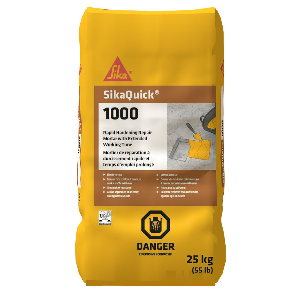 Mortier de réparation SikaQuick 1000, sac jaune de 25 kg, avec avertissement de danger, pour durcissement rapide.