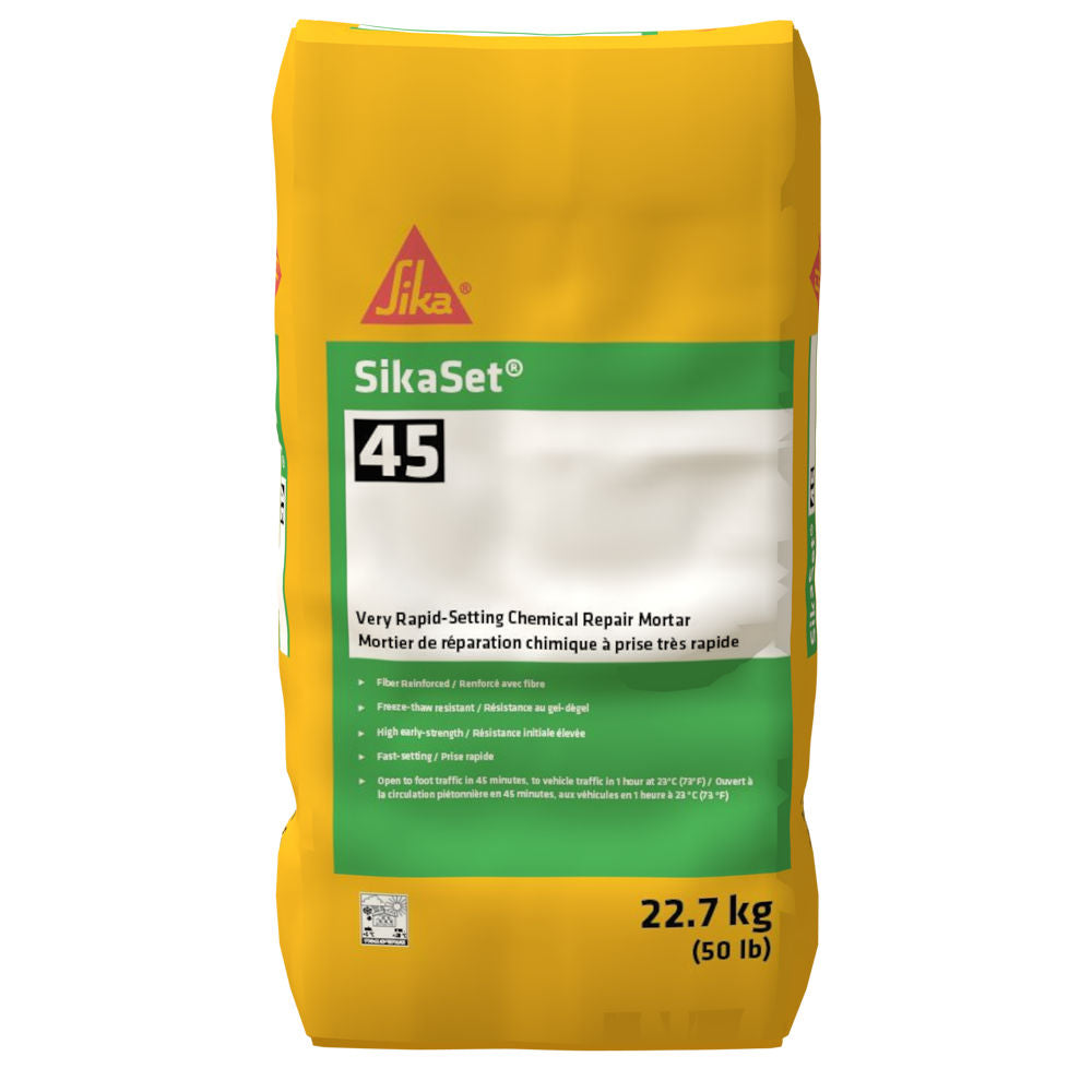 Mortier de réparation chimique SikaSet 45, sac de 22,7 kg, couleur verte et jaune, emballage en plastique.