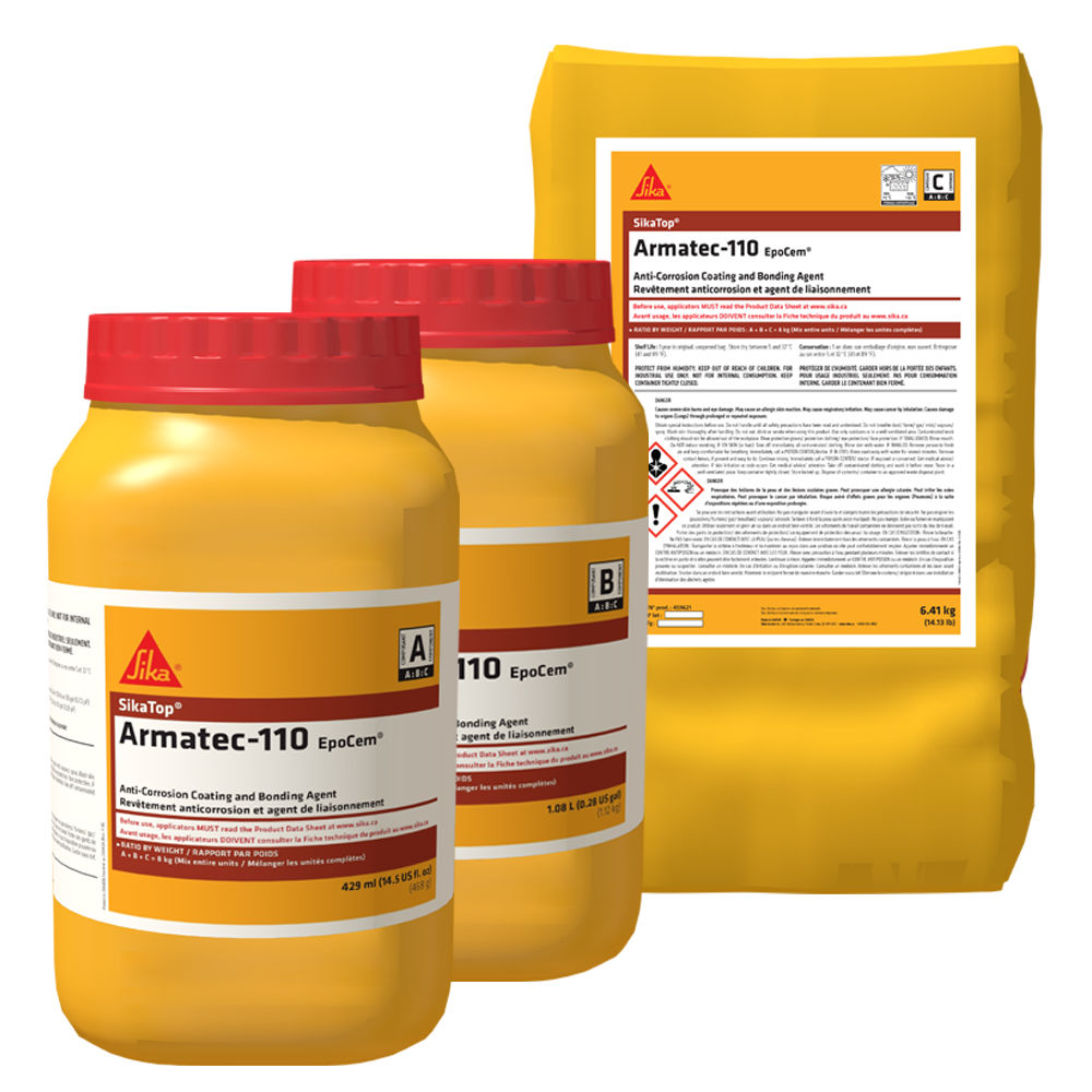 Two pots of Sika Armatec-110 EpoCem, yellow, for corrosion protection coating.