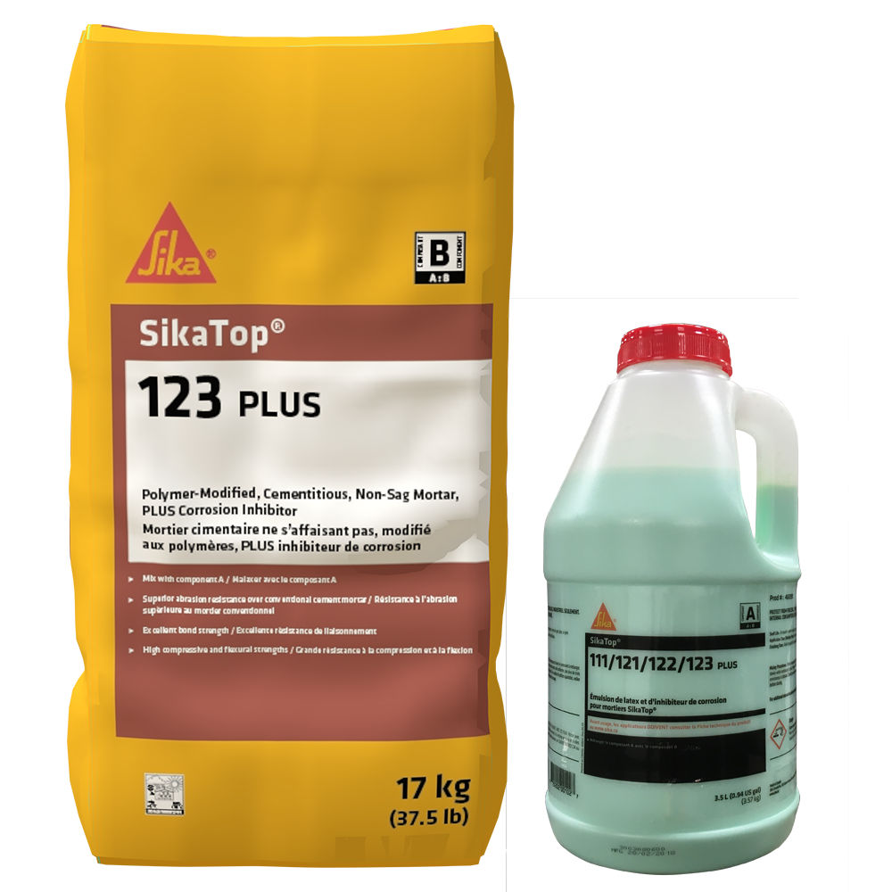 Mortier modifié au polymère SikaTop 123 PLUS en sac de 17 kg et inhibiteur de corrosion en bouteille de 3,78 L.