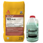 Mortier modifié au polymère SikaTop 123 PLUS en sac de 17 kg et inhibiteur de corrosion en bouteille de 3,78 L.