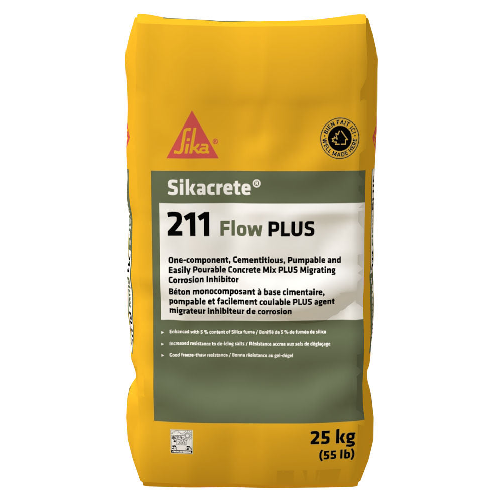 Béton cimentaire prêt à l’emploi Sikacrete®-211 Flow PLUS, sac de 25 kg, couleur jaune.