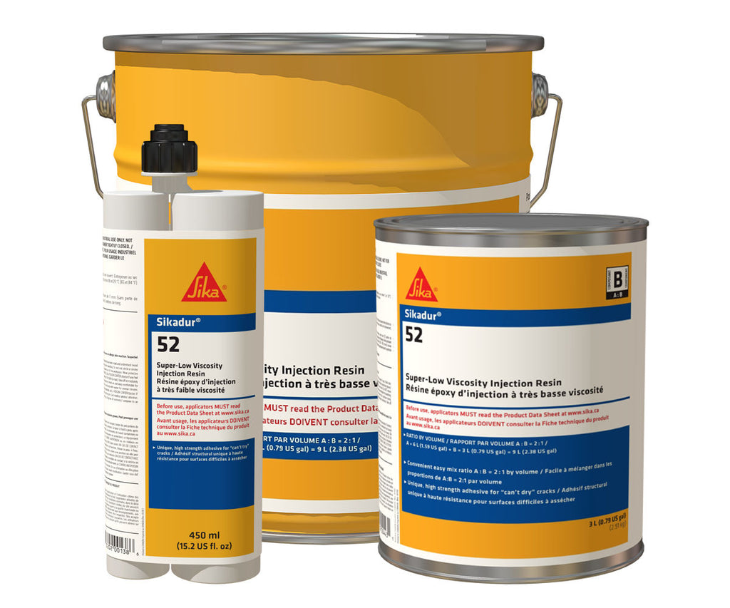 Résine époxy d'injection Sika Sikadur 52 Pre-Pak, cartouche de 450 ml, couleur transparente.