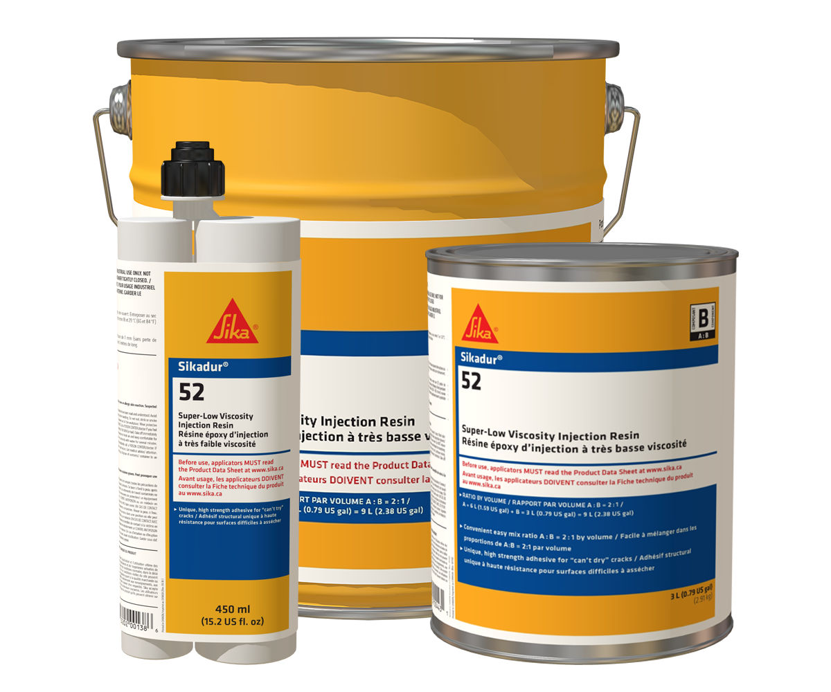 Résine époxy d'injection Sika Sikadur 52 Pre-Pak, cartouche de 450 ml, couleur transparente.