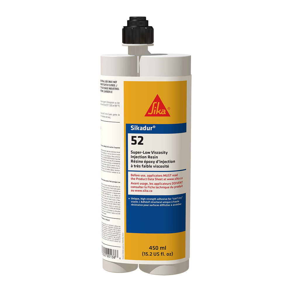 Résine époxy d'injection Sika Sikadur 52, cartouche de 450 ml, couleur transparente, pour applications à faible viscosité.