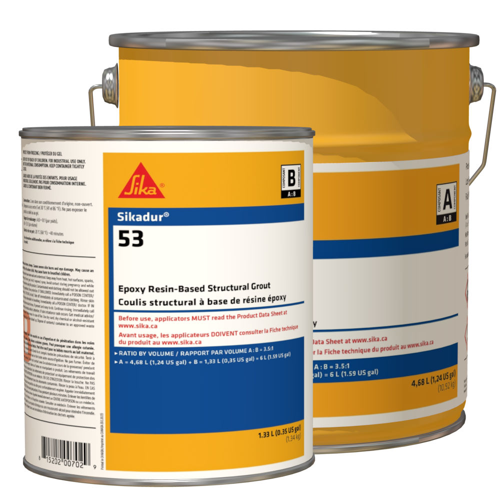 Seau de coulis structurel à base de résine époxy Sikadur 53, contenant deux récipients, un de 1,31 L et un de 4,68 L.