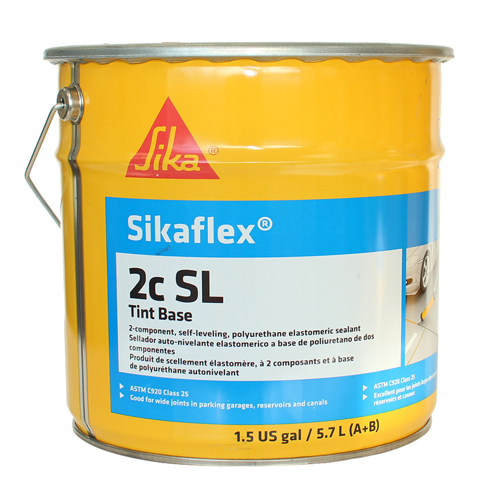 Seau jaune de 5,7 L de Sikaflex 2c SL, scellant élastomère polyuréthane à deux composants, avec couvercle métallique.