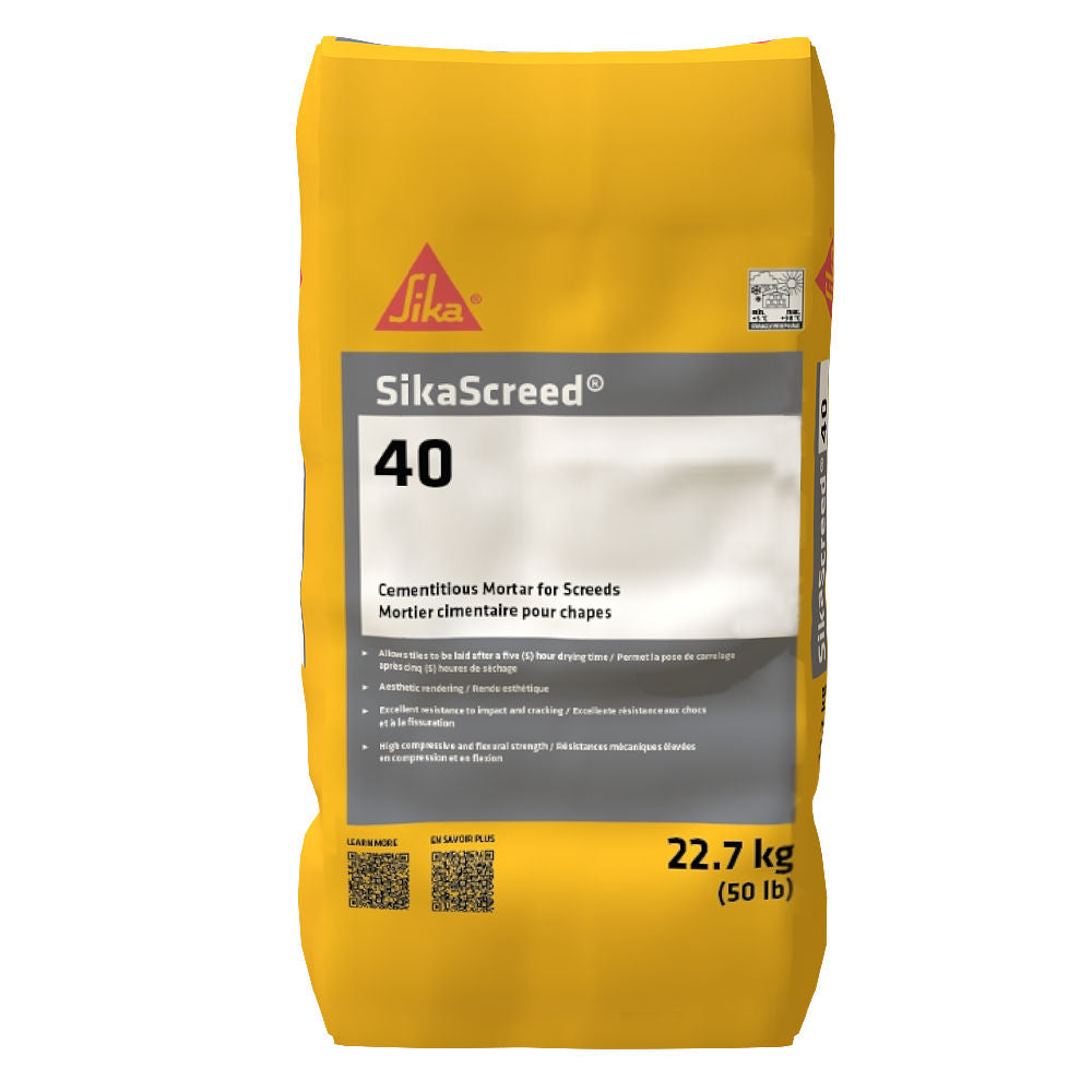 Mortier cimentaire SikaScreed 40, sac jaune de 22,7 kg (50 lb), utilisé pour chapes.