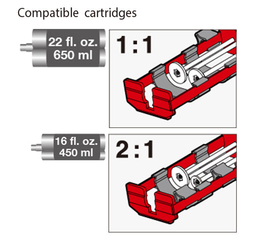 Pistolet à calfeutrer professionnel rouge et argent, conçu pour appliquer des produits à deux composants.