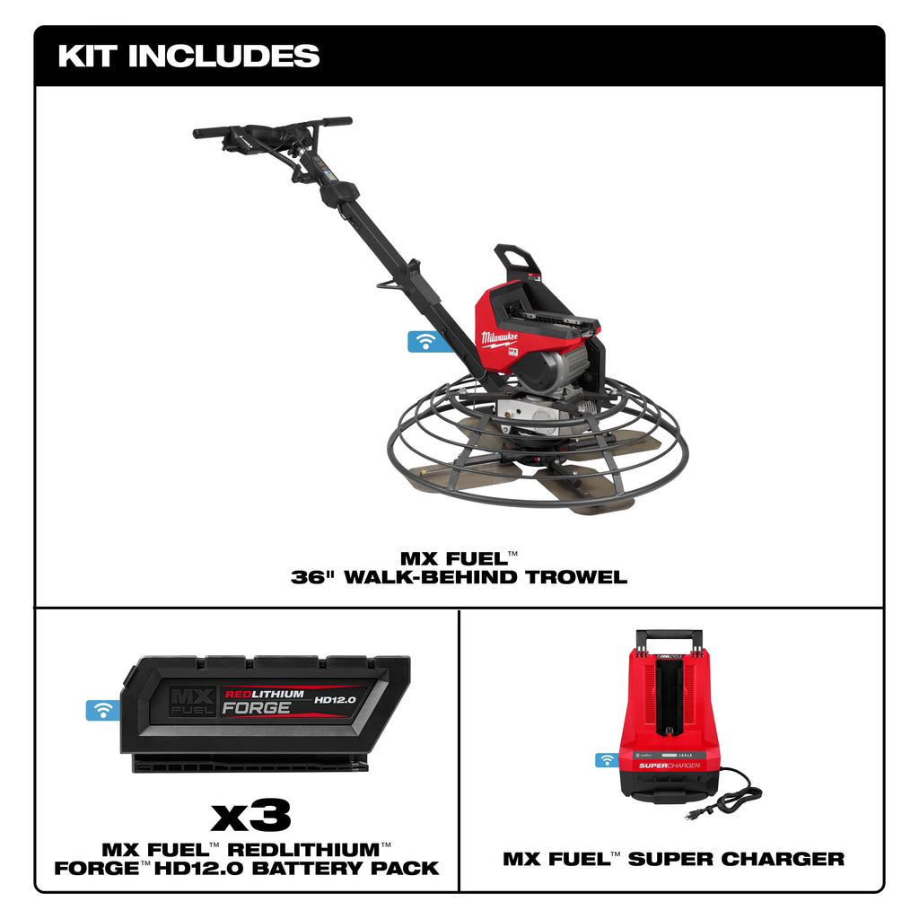 Trowel de marche de 36 pouces MX Fuel, batterie MX Fuel REDLITHIUM HD12.0 (x3) et chargeur MX Fuel Super Charger.