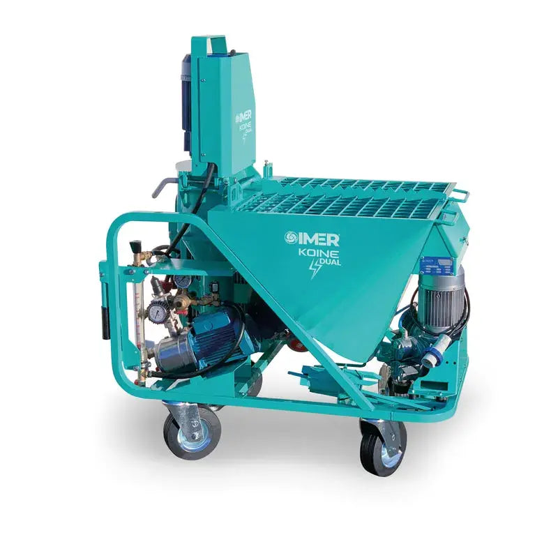 Machine à projeter de couleur turquoise avec roues, moteur électrique et réservoir, conçue pour le plâtre et le béton.