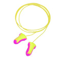 Bouchons d'oreilles en mousse jaune et rose avec un cordon, conçus pour réduire le bruit.