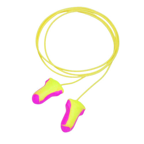 Bouchons d'oreilles en mousse jaune et rose avec un cordon, conçus pour réduire le bruit.