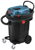 Dépoussiéreur Bosch VAC140AH 14 gal, bleu et noir, avec tuyau flexible, roulettes et système de nettoyage automatique du filtre.
