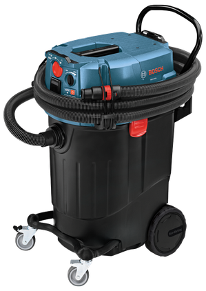 Dépoussiéreur Bosch VAC140AH 14 gal, bleu et noir, avec tuyau flexible, roulettes et système de nettoyage automatique du filtre.