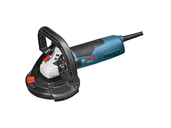 Meuleuse de surfaçage Bosch 5 po, conçue pour le nivellement du béton, avec système de récupération de poussière.