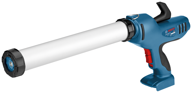 Pistolet à calfeutrer électrique bleu avec un tube blanc, conçu pour appliquer des matériaux d'étanchéité.