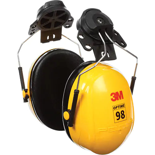 Protecteur d’oreille 3M Optime 98 avec arceau en acier inoxydable et coussinets en mousse.
