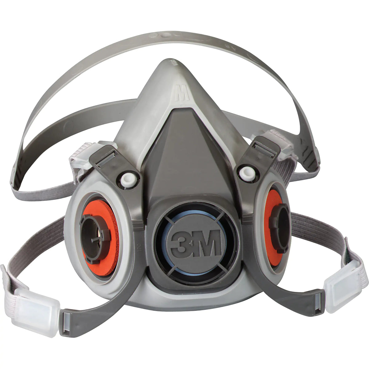 Masque de protection respiratoire 3M, couleur grise avec des éléments orange, conçu pour un ajustement confortable et sécurisé.